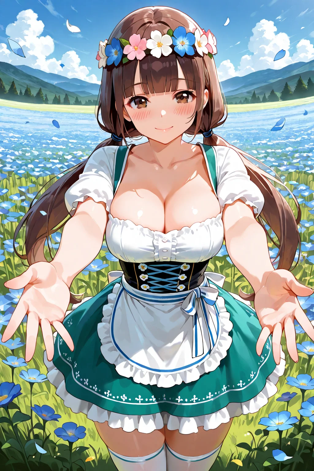 Girl in flowerfield wants a hug!