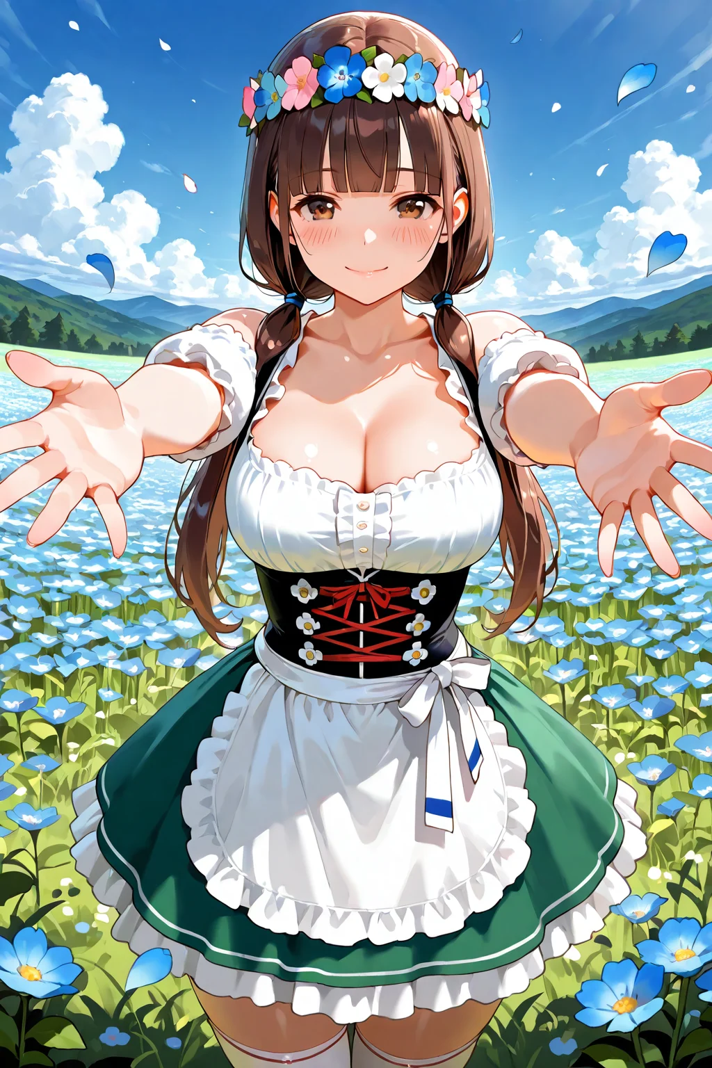 Girl in flowerfield wants a hug!